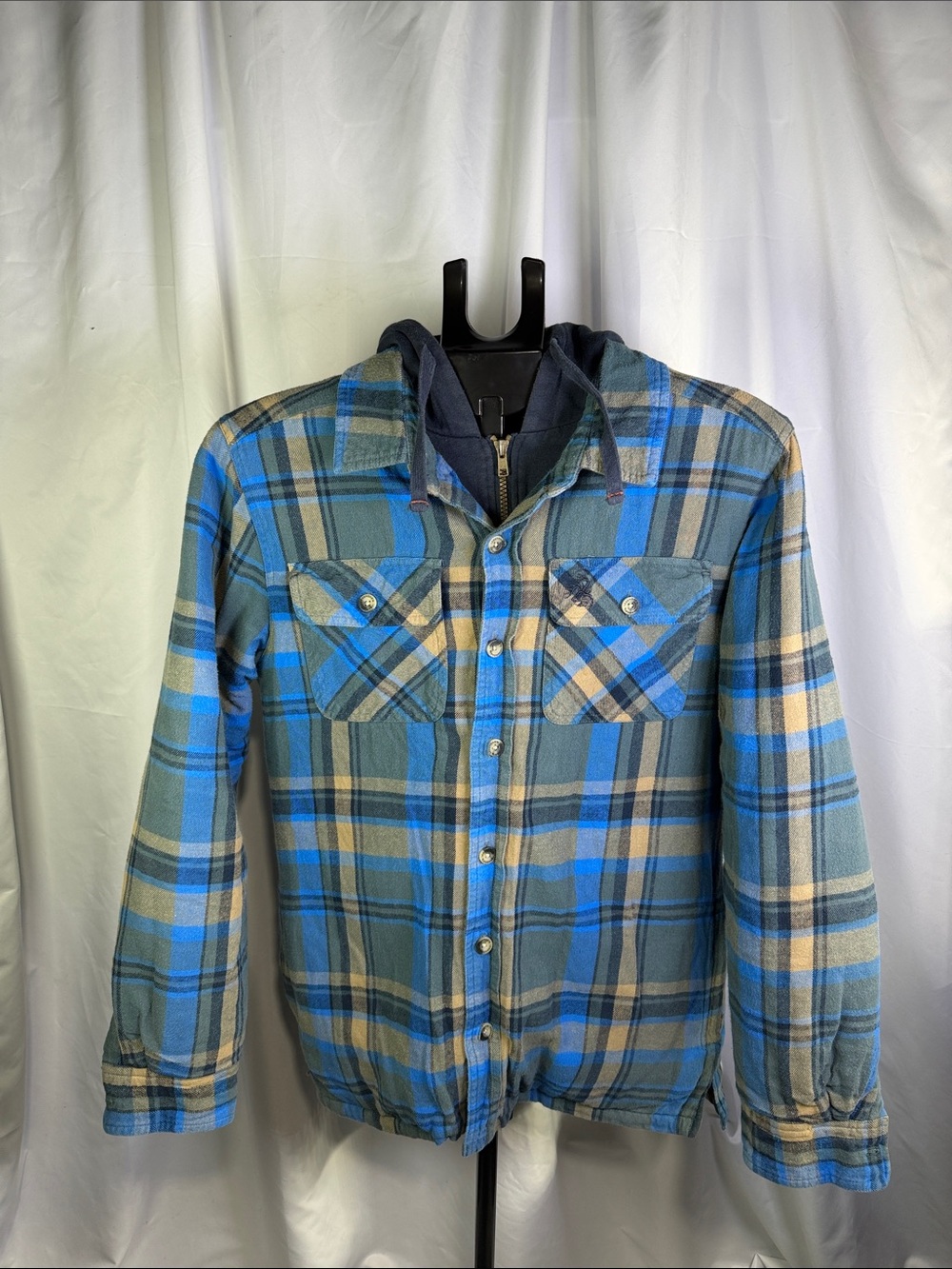 Legendary Whitetails Blue, Gray and Tan Plaid Jacket with Built-in Hoodie Layer